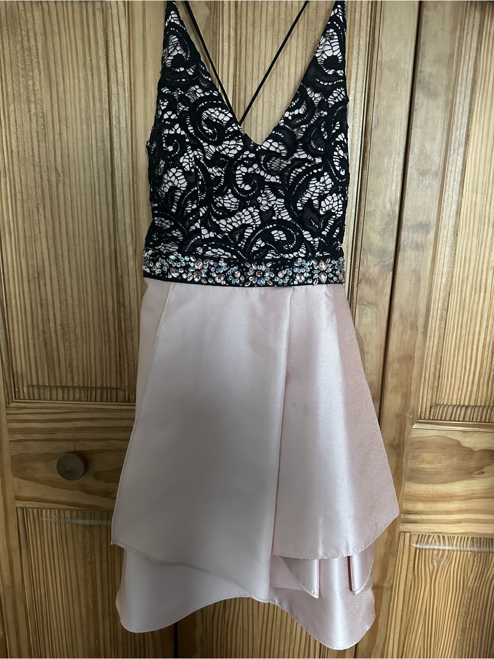 by & by Black Lace Bodice with Pale Pink Satin Layered Skirt Young Women’s Dress